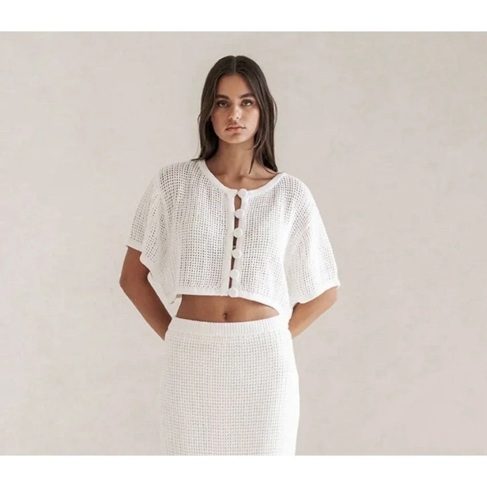 Sabo Skirt Crochet Knit 2 Piece Set Womens Small Cream Button Crop Top Shorts - Picture 11 of 11